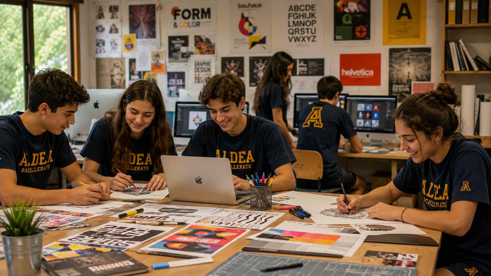 Alumno en taller de diseño · piezas gráficas