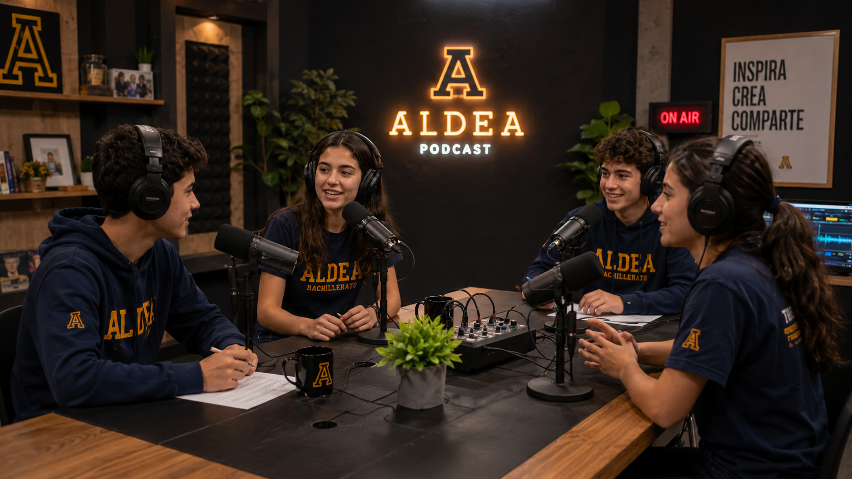 Alumno filmando · estudio de podcast Aldea