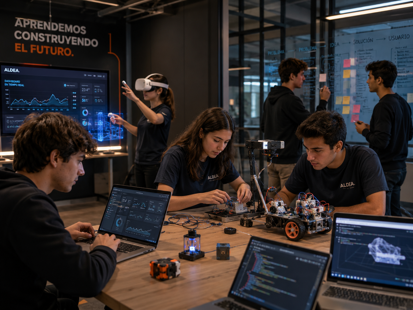 Universitarios trabajando con prototipos y tecnologia